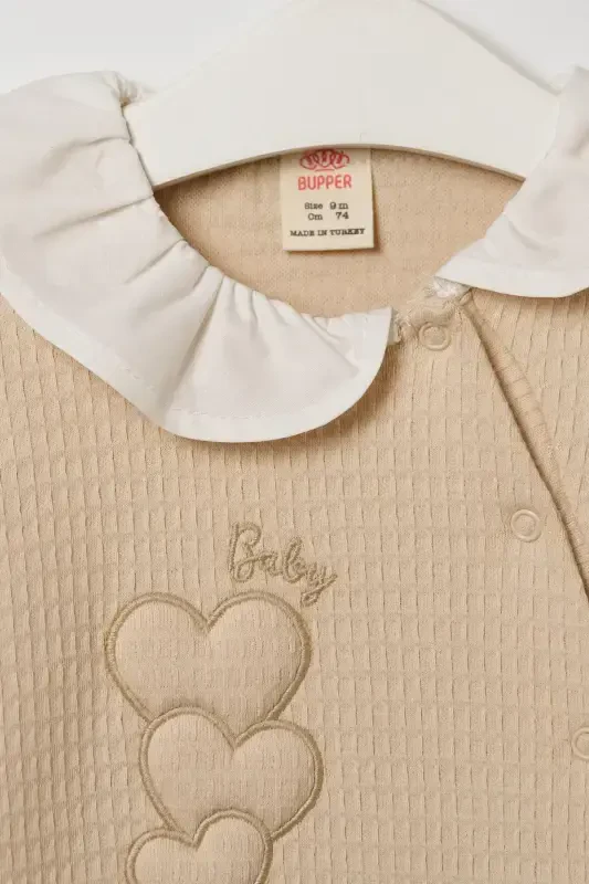 Seasonal Long Sleeve Baby Collar 100% Cotton Snap Fastener Baby Girl Footed Romper 3-9 Months-BEIGE - 7