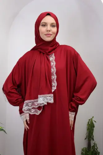 Seasonal Self-Headscarf Lace Women's Prayer Dress, Non-Sweating Prayer Outfit-RED - 1