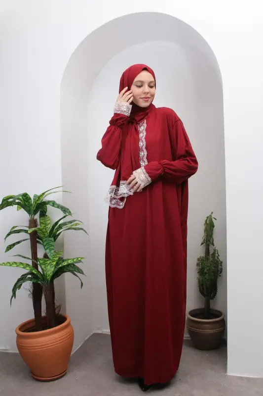 Seasonal Self-Headscarf Lace Women's Prayer Dress, Non-Sweating Prayer Outfit-RED - 2