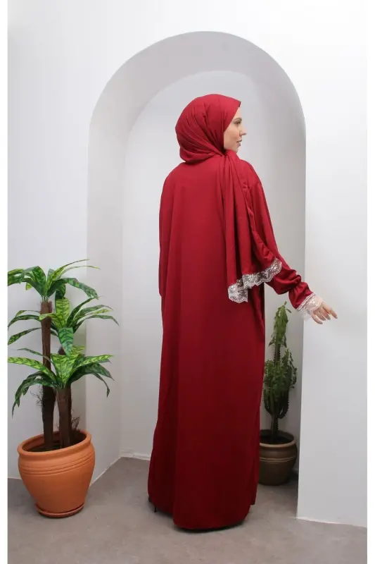 Seasonal Self-Headscarf Lace Women's Prayer Dress, Non-Sweating Prayer Outfit-RED - 3