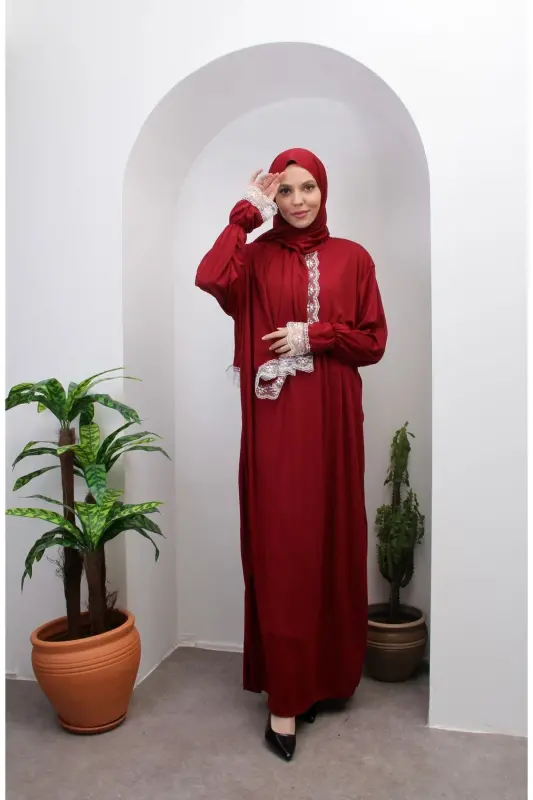 Seasonal Self-Headscarf Lace Women's Prayer Dress, Non-Sweating Prayer Outfit-RED - 4
