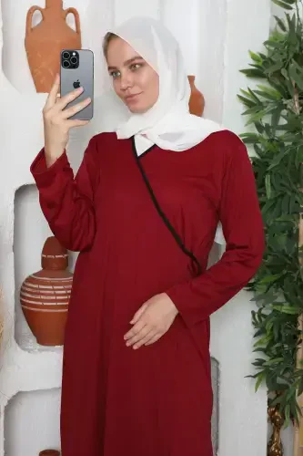 Seasonal Tie Women's Modest Prayer Dress, Non-Sweating Prayer Outfit, Flowy Abaya-Burgundy - 1