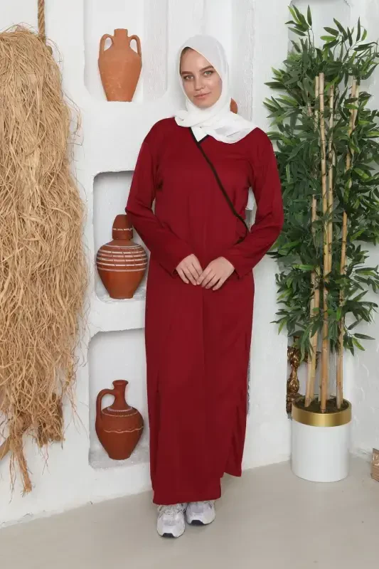 Seasonal Tie Women's Modest Prayer Dress, Non-Sweating Prayer Outfit, Flowy Abaya-Burgundy - 2