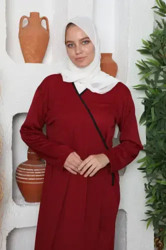 Seasonal Tie Women's Modest Prayer Dress, Non-Sweating Prayer Outfit, Flowy Abaya-Burgundy - 3