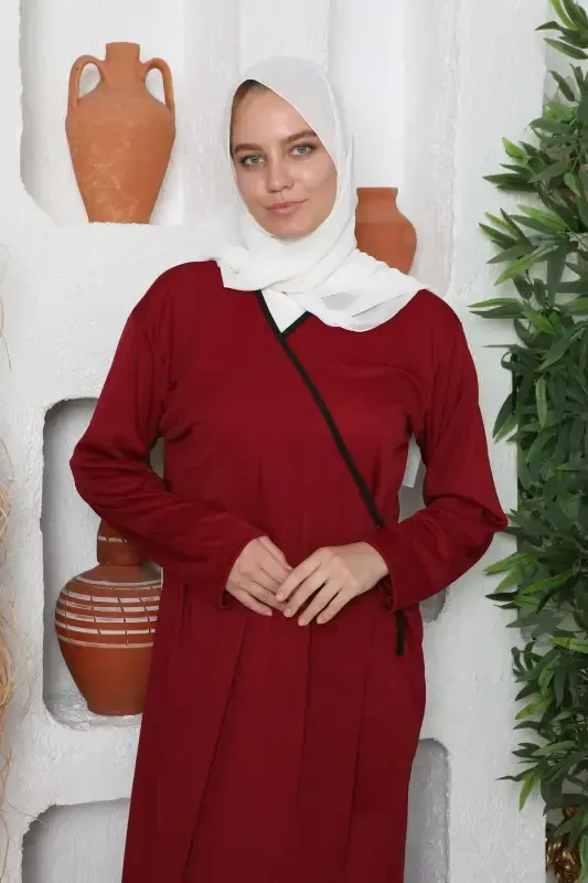 Seasonal Tie Women's Modest Prayer Dress, Non-Sweating Prayer Outfit, Flowy Abaya-Burgundy - 3