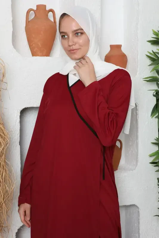 Seasonal Tie Women's Modest Prayer Dress, Non-Sweating Prayer Outfit, Flowy Abaya-Burgundy - 4