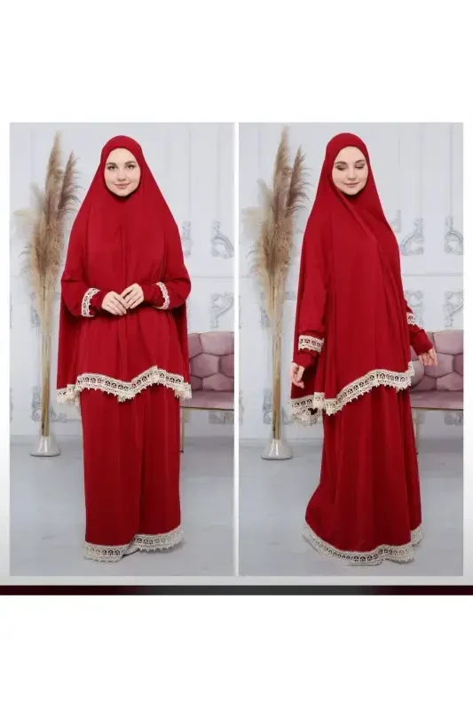 Seasonal Two-Piece Women's Modest Embroidered Prayer Dress, Non-Sweating Prayer Outfit-RED - KUTAY COLLECTION