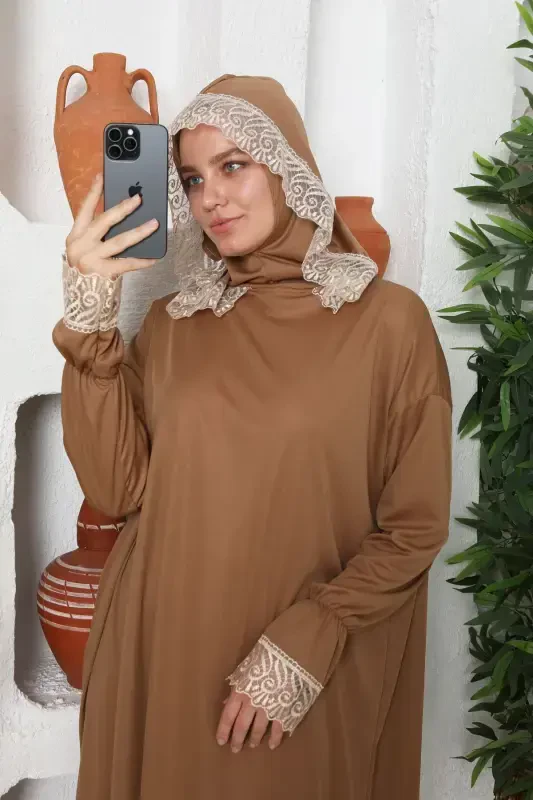 Seasonal Women's Modest Wear Headscarf Prayer Dress, Non-Sweating Prayer Outfit, Flowy Abaya-BROWN - 2