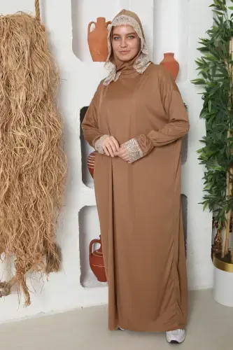 Seasonal Women's Modest Wear Headscarf Prayer Dress, Non-Sweating Prayer Outfit, Flowy Abaya-BROWN - 4