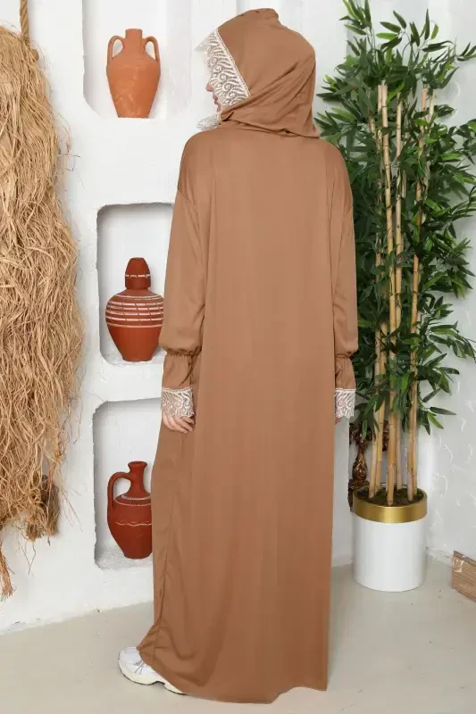 Seasonal Women's Modest Wear Headscarf Prayer Dress, Non-Sweating Prayer Outfit, Flowy Abaya-BROWN - 6