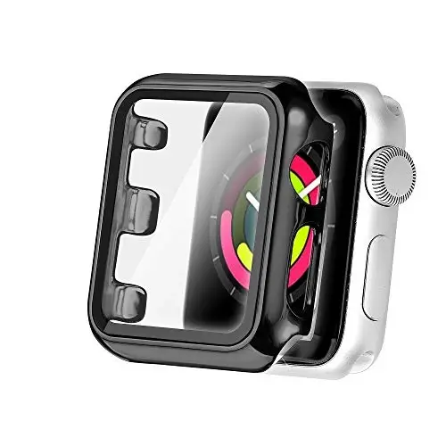 Secbolt 44 mm Apple Watch Band bilan mos keladigan korpus oʻrnatilgan, qattiq oynali shisha ekran himoyach bilan – iWatch SE Series 6/5/4 uchun har tomondan himoya olinadigan korpus, qora (44 mm) - 1