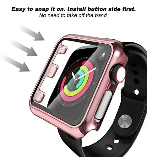 Secbolt 44 mm Apple Watch Band bilan mos keladigan korpus oʻrnatilgan, qattiq oynali shisha ekran himoyach bilan – iWatch SE Series 6/5/4 uchun har tomondan himoya olinadigan korpus, qora (44 mm) - 4