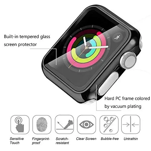 Secbolt 38mm Case Compatible Apple Watch Band with Built in Tempered Glass Screen Protector- All Around Protective Case for iWatch Series 3/2/1, Black(38mm) - 3