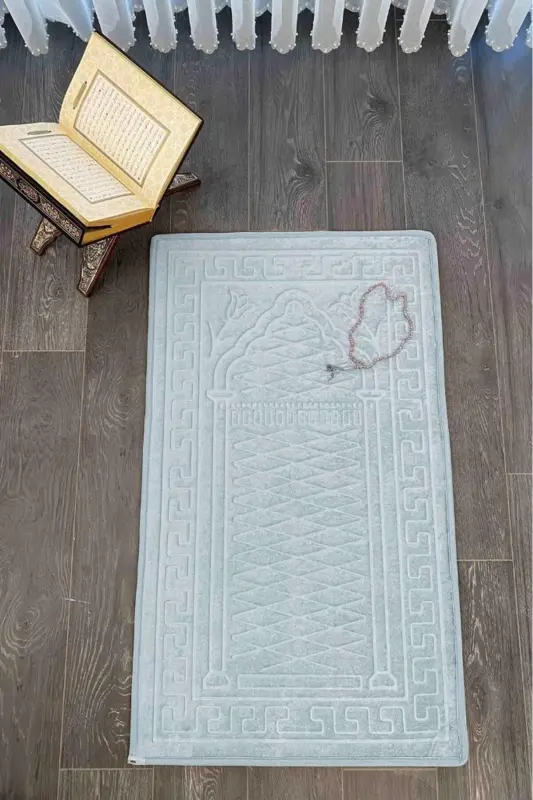 Seccade Diz Ağrıtmayan Kadife Kaymaz Taban Kabartmalı, Işlemeli, Özel Yumuşak Taban %100 Pamuk-Turkuaz - MIABELLA HOME