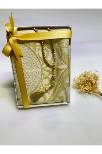 seccade seti, 2 li gelin bohça seti, seccade tesbih, hediyelik, çeyizlik mevlid hediye - gold 