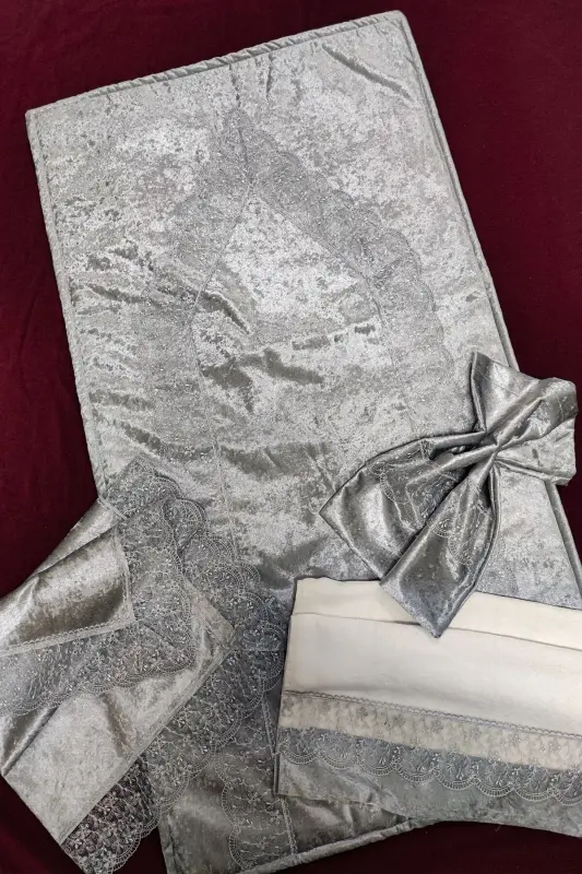 Seccade Seti 4 Parça Ekonomik Çeyizlik Seccade Takımı, Nişan Bohça - Gri-Gri - 2