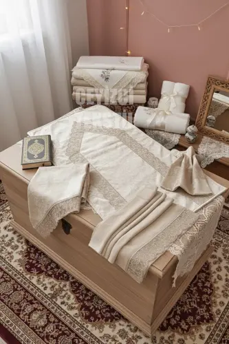 Seccade Seti 4 Parça Ekonomik Ceyizlik Seccade Takımı, Nişan Bohça - Kahve-Kahve 