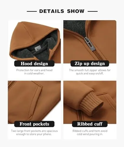 SECOOD Kids Hoodie Fleece Jacket Warm Sherpa Lined Zip Up Hooded Sweatshirt Soft Winter Coat Boys Girls School Outerwear - 3