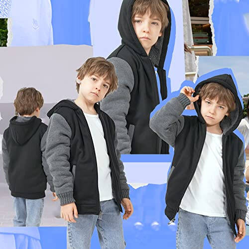 SECOOD Kids Hoodie Fleece Jacket Warm Sherpa Lined Zip Up Hooded Sweatshirt Soft Winter Coat Boys Girls School Outerwear - 3