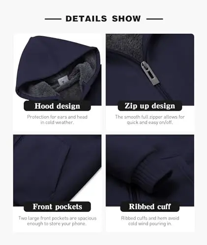 SECOOD Kids Hoodie Fleece Jacket Warm Sherpa Lined Zip Up Hooded Sweatshirt Soft Winter Coat Boys Girls School Outerwear - 3