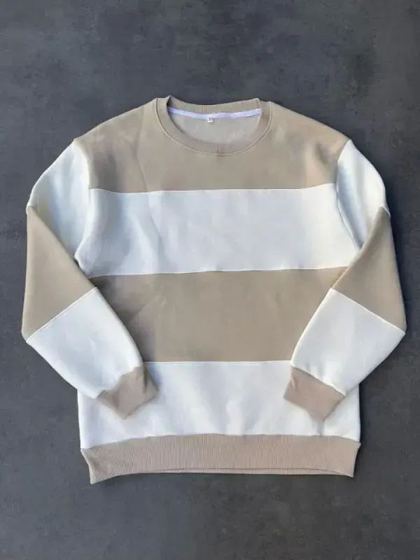 Sectional Crew Neck Printed Sweatshirt - Beige - BÜYÜKBEDENIZ
