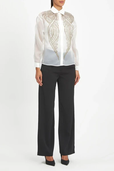 See-through Long Sleeve Gold Embroidered Stylish Ecru Shirt 39901 - SERPIL