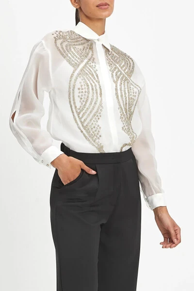See-through Long Sleeve Gold Embroidered Stylish Ecru Shirt 39901 - SERPIL (1)