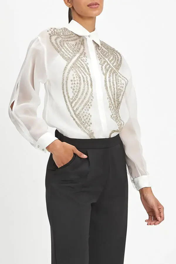 See-through Long Sleeve Gold Embroidered Stylish Ecru Shirt 39901 - 2