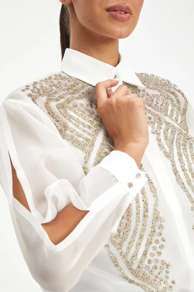 See-through Long Sleeve Gold Embroidered Stylish Ecru Shirt 39901 - 3