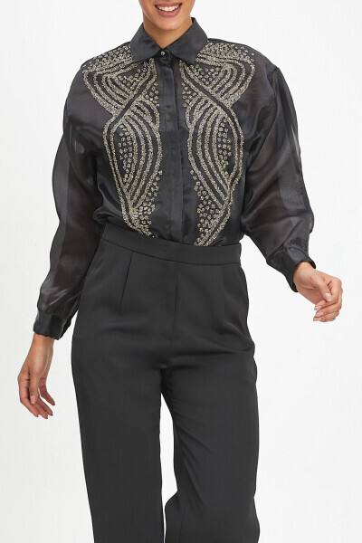 See-through Long Sleeve Golden Patterned Stylish Black Shirt 39901 - 4