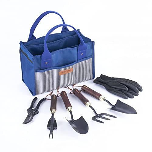 SEEDR GARDEN WORKS Outdoor Garden Tool Set, Stainless Steel Gardening Set - Garden Tool Organizer Bag, Garden Trowel, Cultivator, Transplanter, Weeder, Bypass Pruning Shears, and Garden Gloves–7pc Set - 1