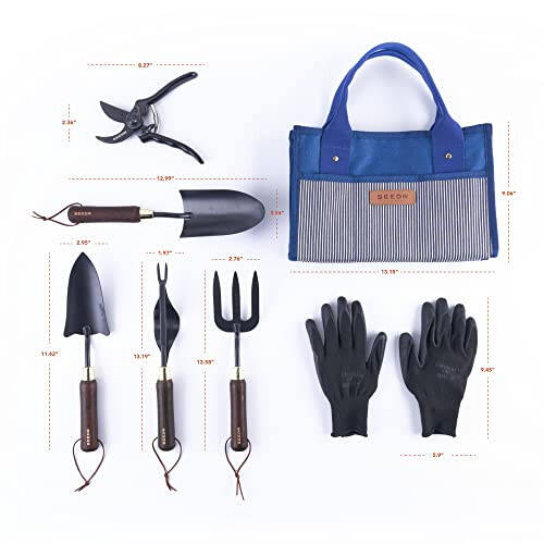 SEEDR GARDEN WORKS Outdoor Garden Tool Set, Stainless Steel Gardening Set - Garden Tool Organizer Bag, Garden Trowel, Cultivator, Transplanter, Weeder, Bypass Pruning Shears, and Garden Gloves–7pc Set - 2