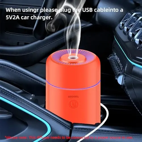 SEEDSEEL 100ML Car Essential Oil Diffuser, Mini Air Humidifier with 7-LED Color Changing, Suitable for Car (Orange) - 3
