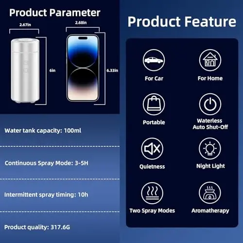 SEEDSEEL 100ML Car Essential Oil Diffuser, Rechargeable Battery Powered, Cordless Portable Aromatherapy Humidifier with 7 LED Color Lights 2 Timer Modes for Car Room Home Office (Silver) - 4