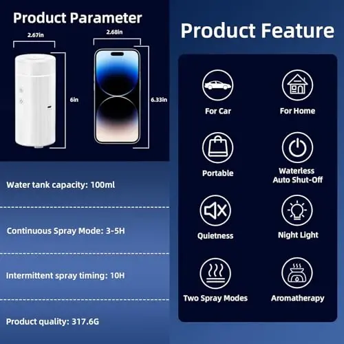 SEEDSEEL 100ML Car Essential Oil Diffuser, Rechargeable Battery Powered, Cordless Portable Humidifier with 7 LED Color Changing Lights for Travel (White) - 4