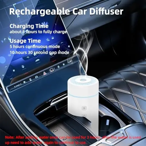 SEEDSEEL 100ML Car Essential Oil Diffuser, Rechargeable Battery Powered, Cordless Portable Humidifier with 7 LED Color Changing Lights for Travel (White) - SEEDSEEL (1)