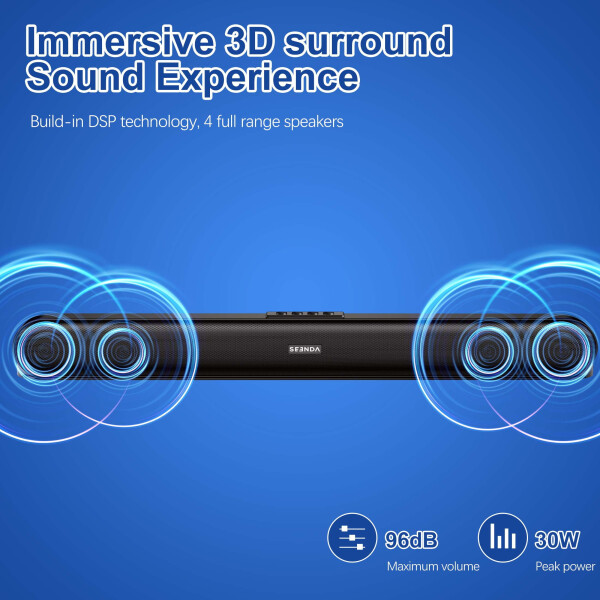 Seenda Sound Bar for TV, Wired & Wireless Bluetooth 5.0 3D Surround Speakers, AUX/COAX/HDMI/USB Connection - 2