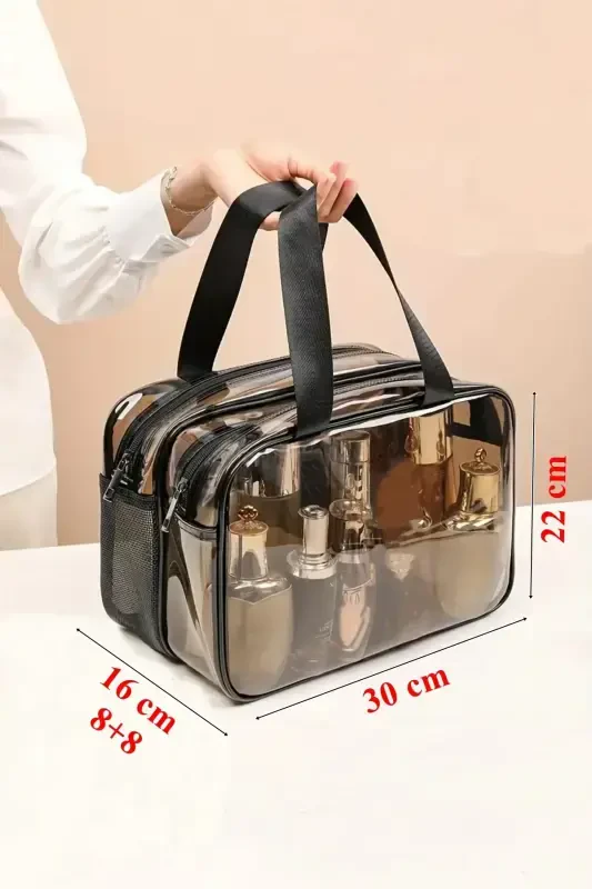 Şeffaf Çift Bölmeli Seyahat Kozmetik Makyaj Çantası (30*22*16 CM EBATLARINDA)-Açık Kahverengi - 2