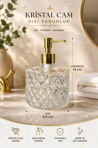 ŞEFFAF Kristal Cam Sıvı Sabunluk - Şeffaf || Gold Pompalı || Modern Lüks Banyo Aksesuarı Dekoratif Sıvı Sabunluk Sabun Dispenseri Banyo & Mutfak İçin Tezgah Üstü Lavabo| Bulaşık Deterjanı El Sabunu - Şeffaf - 3
