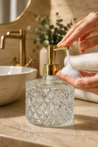 ŞEFFAF Kristal Cam Sıvı Sabunluk - Şeffaf || Gold Pompalı || Modern Lüks Banyo Aksesuarı Dekoratif Sıvı Sabunluk Sabun Dispenseri Banyo & Mutfak İçin Tezgah Üstü Lavabo| Bulaşık Deterjanı El Sabunu - Şeffaf - ANGDESİGN (1)