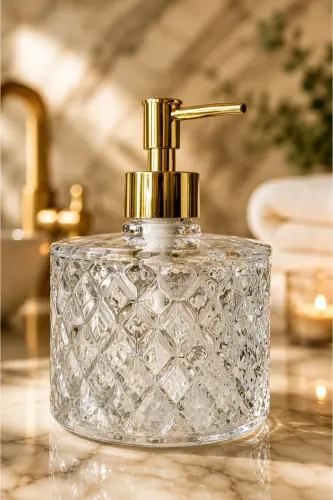 ŞEFFAF Kristal Cam Sıvı Sabunluk - Şeffaf || Gold Pompalı || Modern Lüks Banyo Aksesuarı Dekoratif Sıvı Sabunluk Sabun Dispenseri Banyo & Mutfak İçin Tezgah Üstü Lavabo| Bulaşık Deterjanı El Sabunu - Şeffaf 