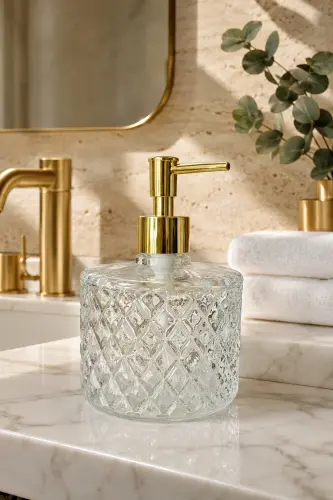 ŞEFFAF Kristal Cam Sıvı Sabunluk - Şeffaf || Gold Pompalı || Modern Lüks Banyo Aksesuarı Dekoratif Sıvı Sabunluk Sabun Dispenseri Banyo & Mutfak İçin Tezgah Üstü Lavabo| Bulaşık Deterjanı El Sabunu - Şeffaf - 8