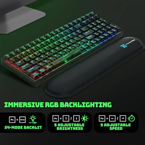 Şeffaf Tuş Kapaklı Kablosuz Mekanik Oyun Klavyesi, 100 Tuş Sıcak Değişim RGB Arka Aydınlatmalı, 3 Modlu BT/2.4G/USB-C, 3000mAh Pil, Bilek Desteğiyle Ergonomik Klavye Win/Mac için, Sessiz Anahtar, Siyah - 3