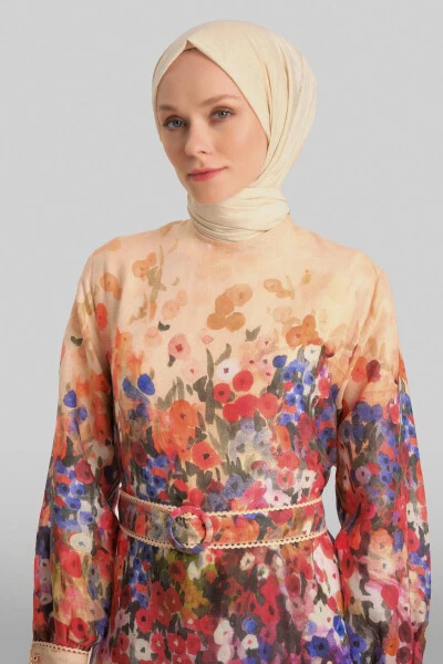 Armine Şerit Detaylı Desenli Elbise 24Y9836 Şeftali - 9