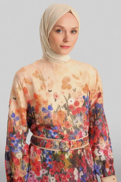 Armine Şerit Detaylı Desenli Elbise 24Y9836 Şeftali - 10