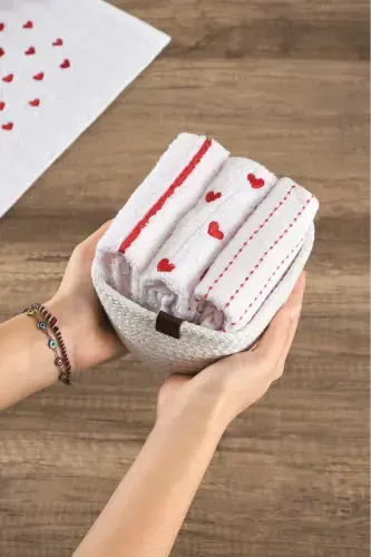 Seher (3 Towels + Basket) Kitchen and Hand&Face Towel Set 30x50 cm. -Basket Love - 1