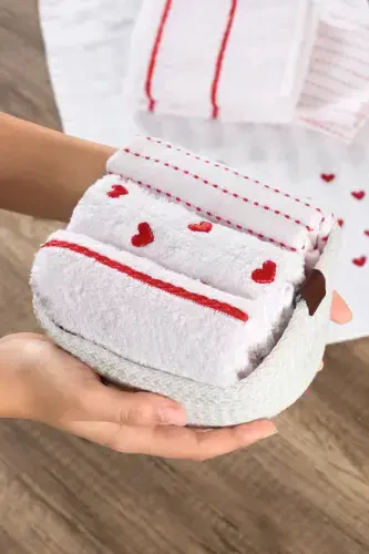 Seher (3 Towels + Basket) Kitchen and Hand&Face Towel Set 30x50 cm. -Basket Love - 3