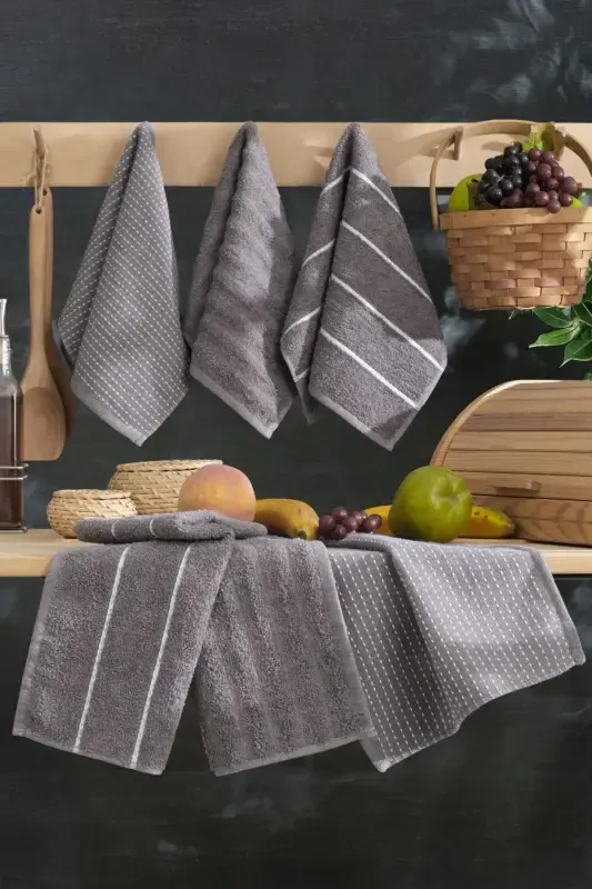 Seher 6-Piece Kitchen and Hand & Face Towel Set 30x50 cm - Anthracite - 1