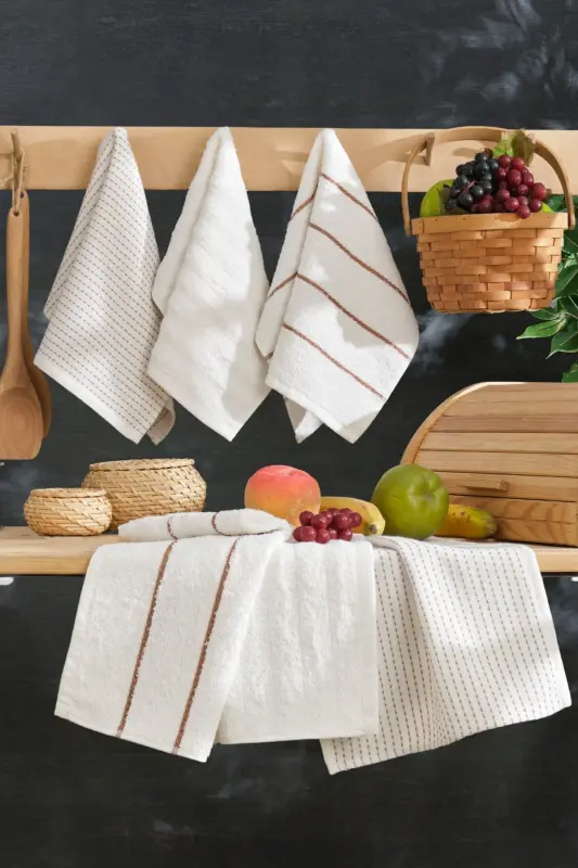Seher 6-Piece Kitchen and Hand & Face Towel Set 30x50 cm - Cream - 2