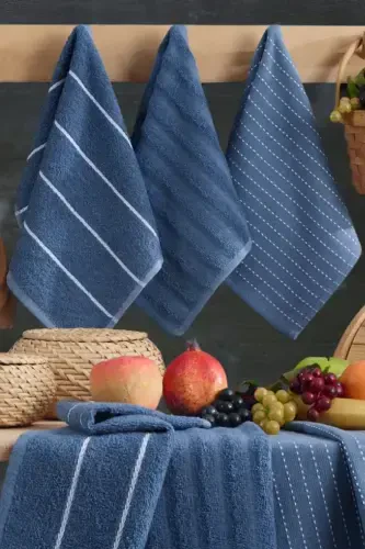 Seher 6-Piece Kitchen and Hand & Face Towel Set 30x50 cm - Indigo - CASNACK (1)